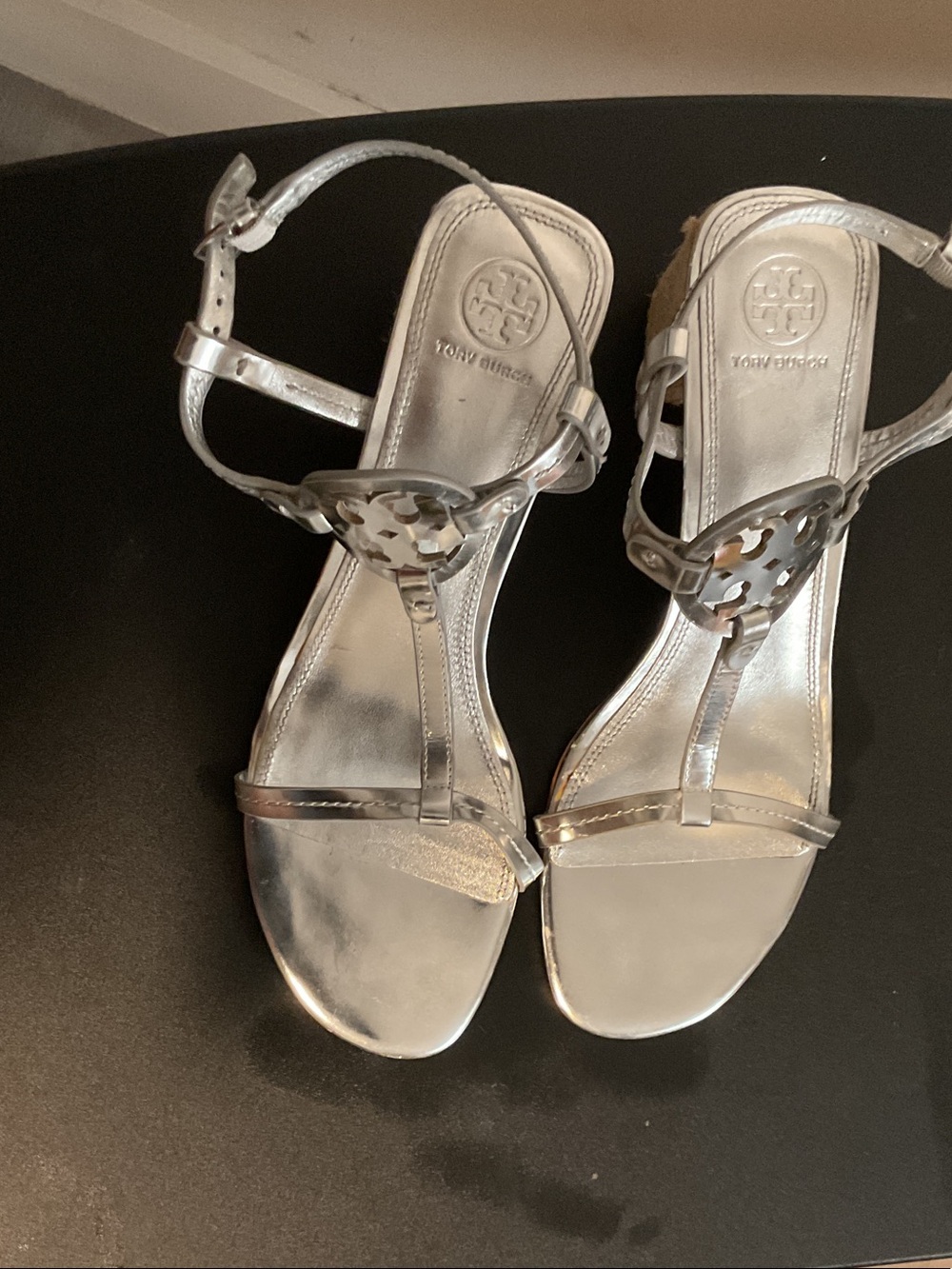 Tory Burch Silver Metallic Logo T-Strap Sandals